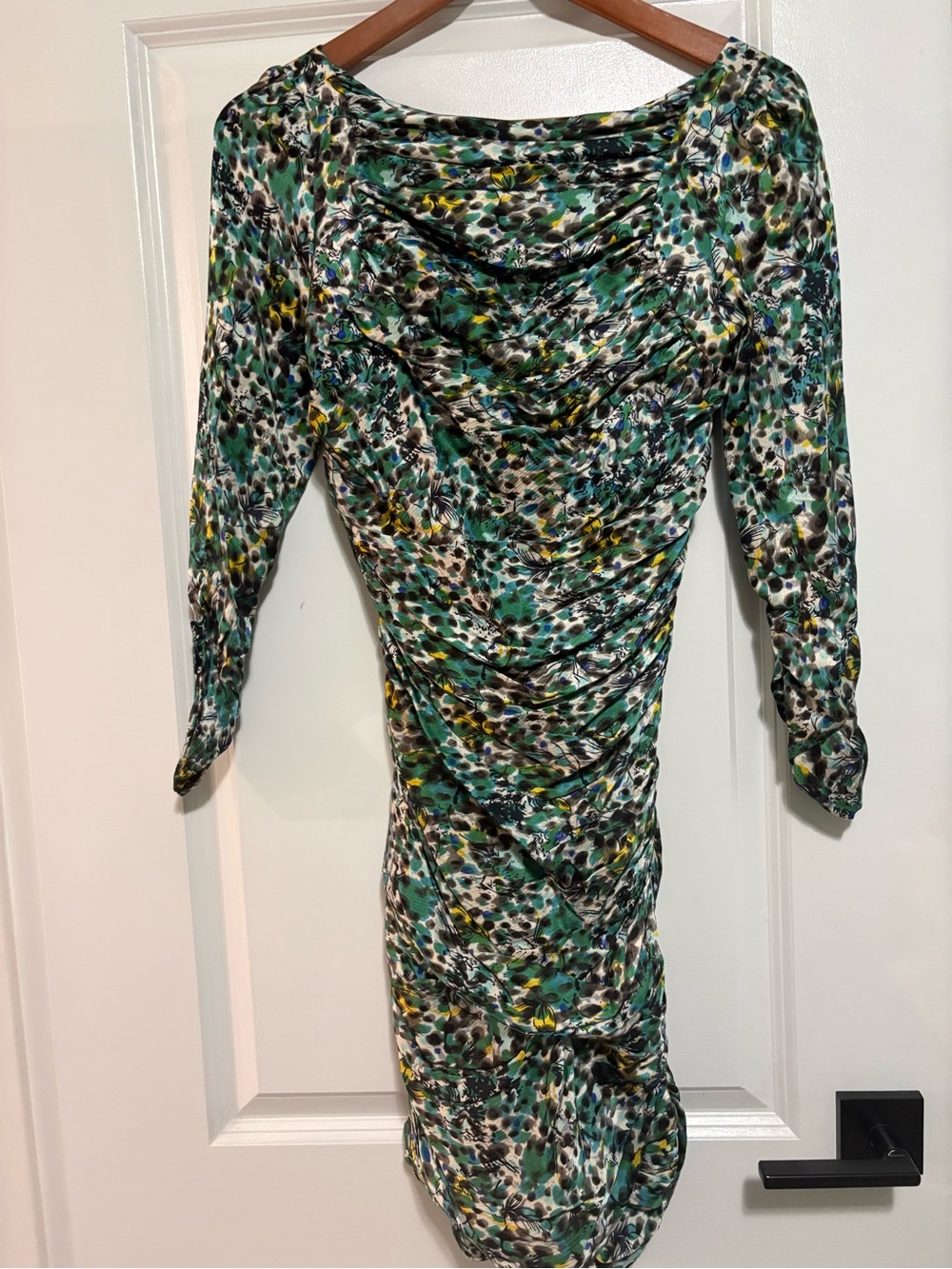 Diane Von Furstenberg Silk Green Multicolor Ruched Long Sleeve Dress